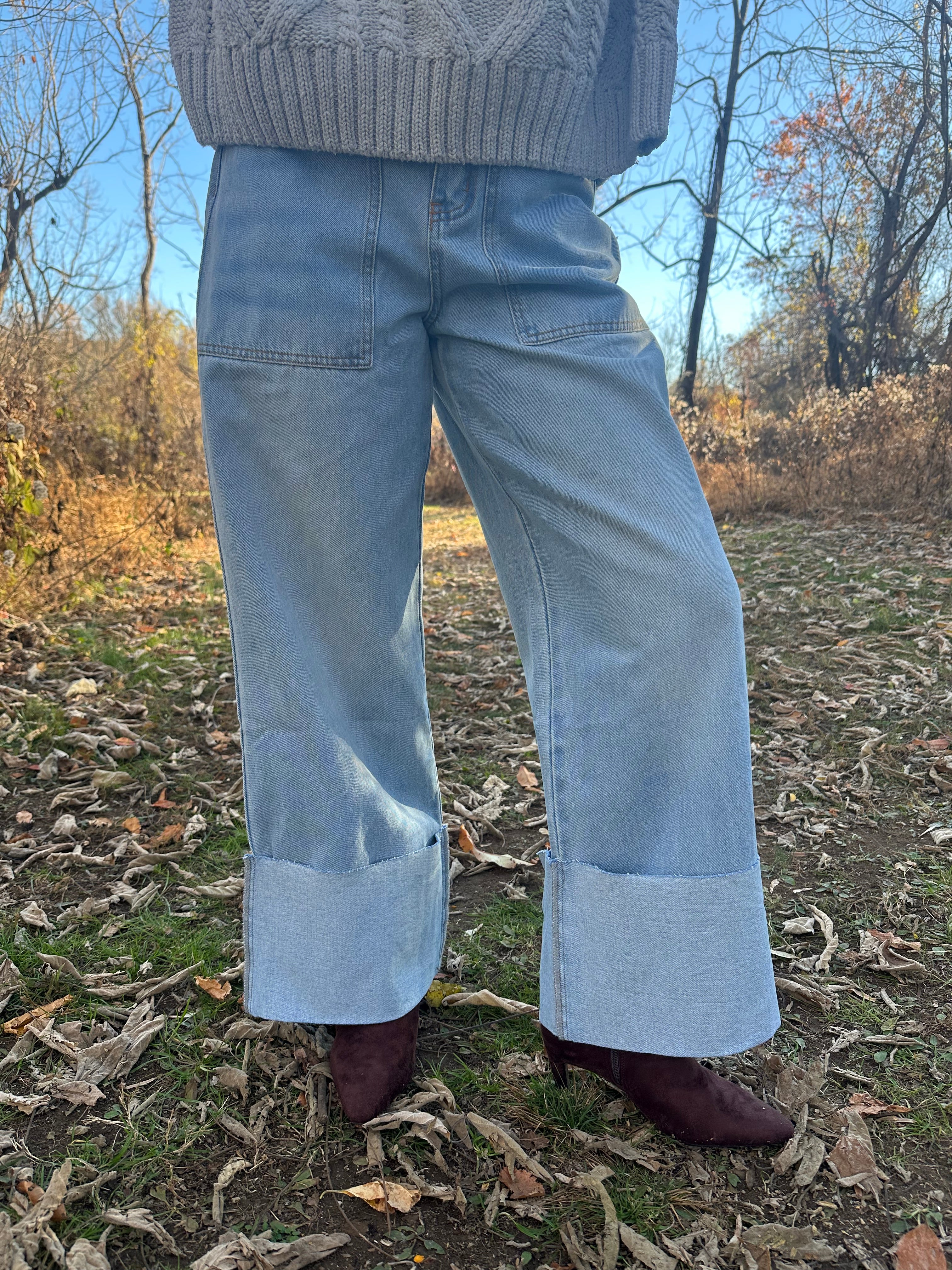 High Waisted Wide Leg Cuffed Jeans