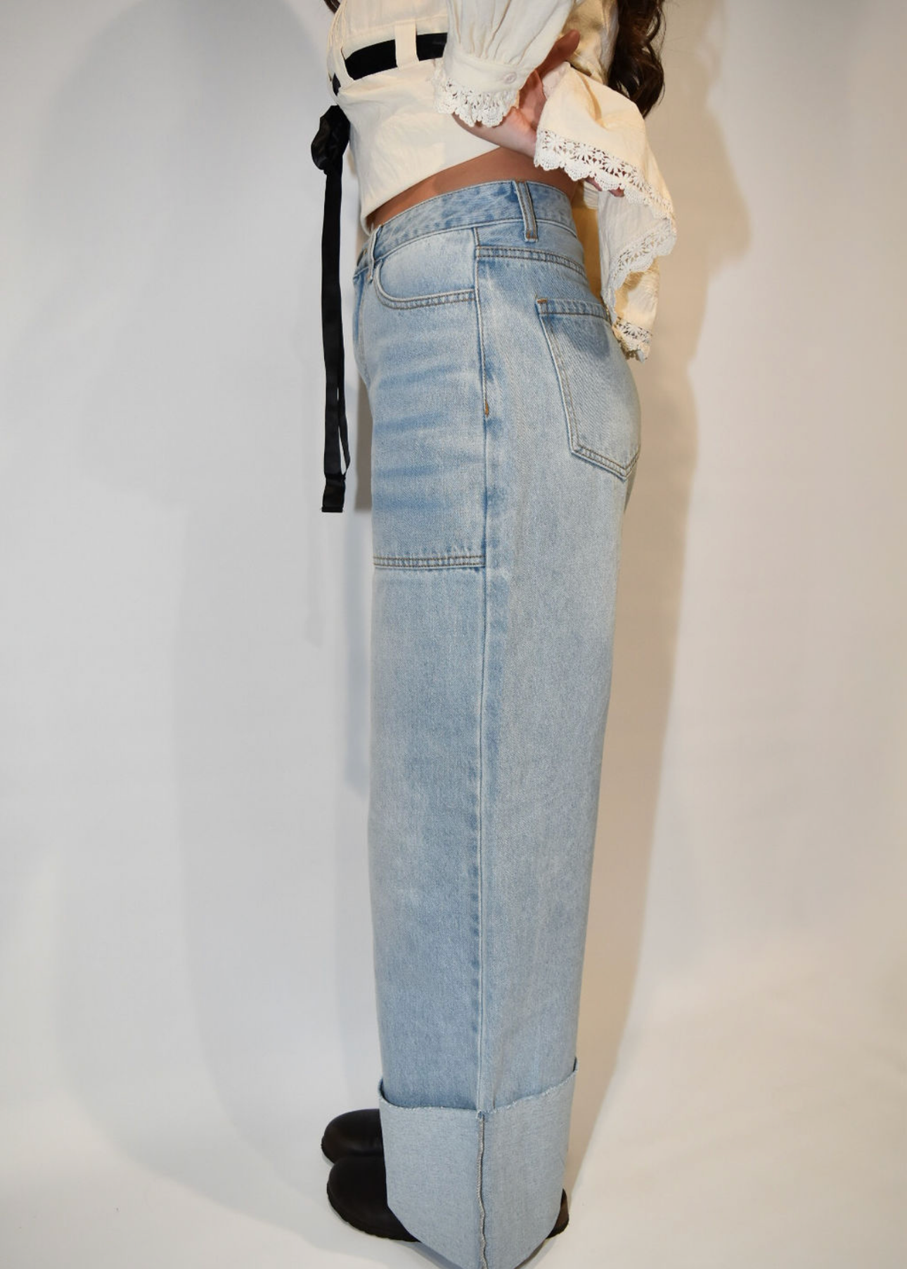 High Waisted Wide Leg Cuffed Jeans