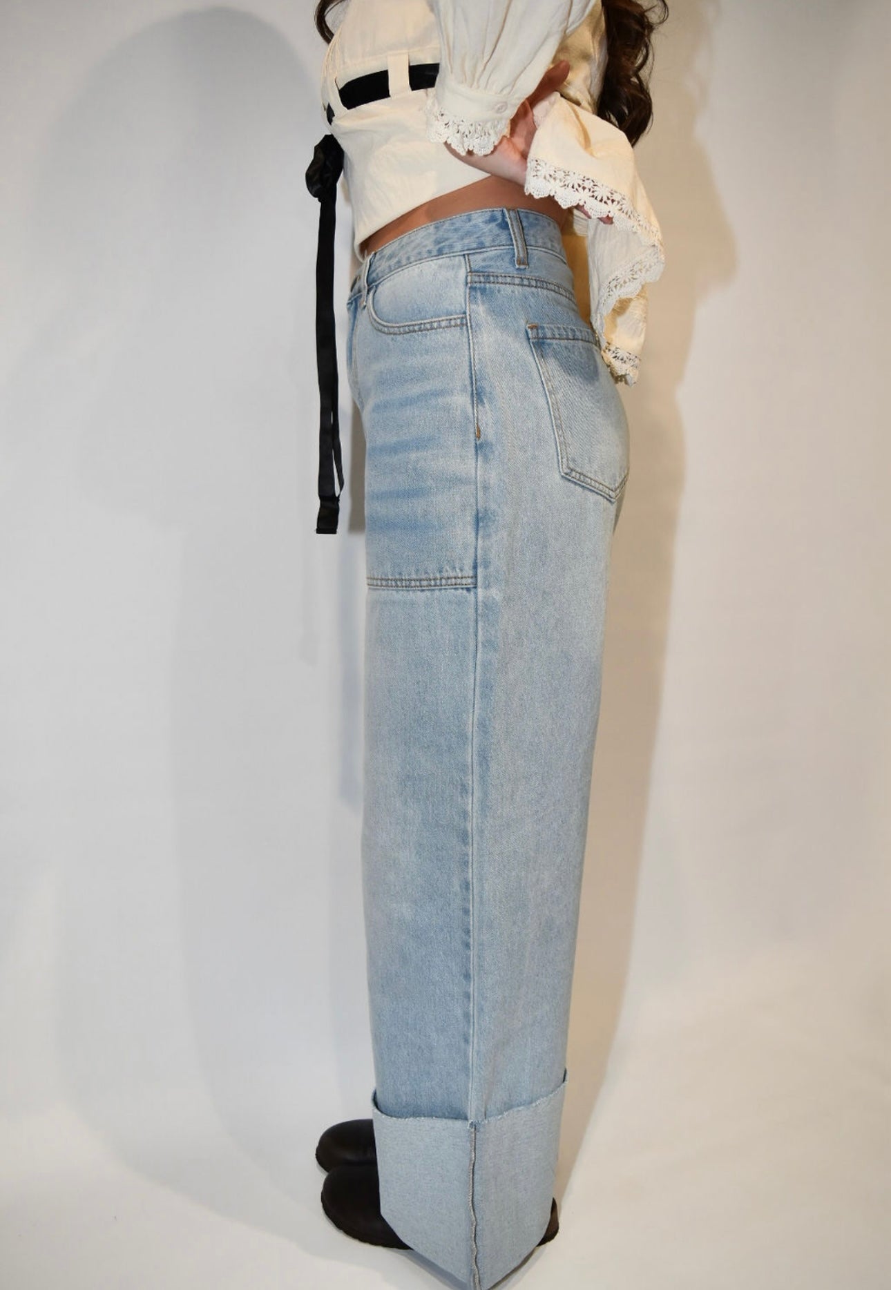 High Waisted Wide Leg Cuffed Jeans