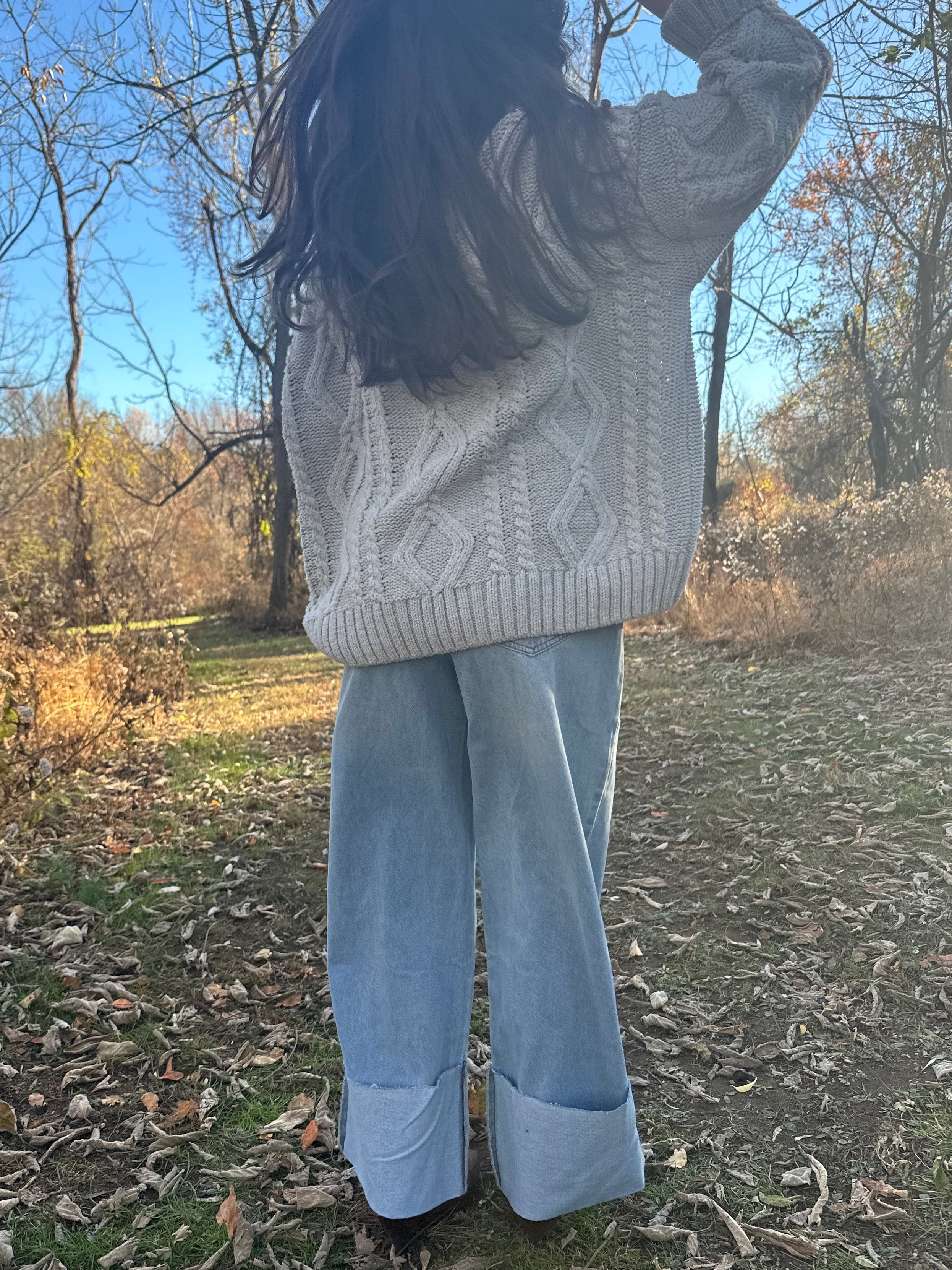 High Waisted Wide Leg Cuffed Jeans