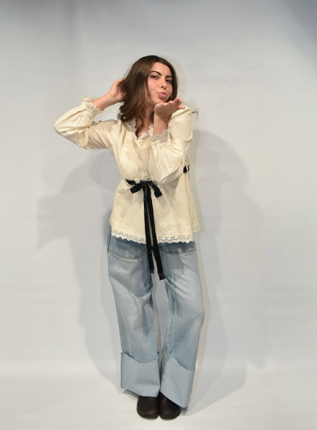 High Waisted Wide Leg Cuffed Jeans